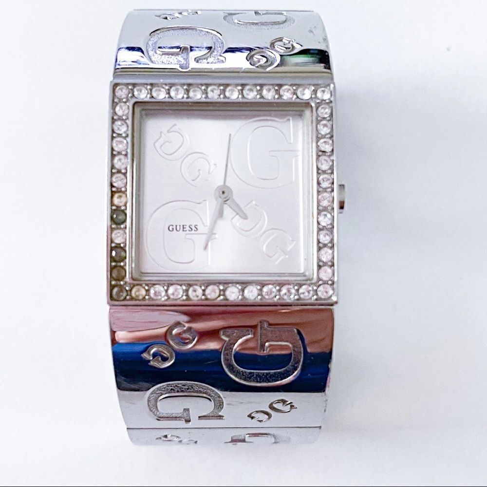 GUESS Silver Logo Bangle Watch Rhinestone Square Face Women’s Watch OS - Picture 3 of 7